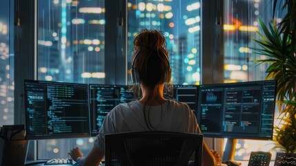 Professional woman performing unit testing on code in corporate office, realistic image