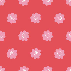 Floral seamless pattern with pink simple flowers on red background