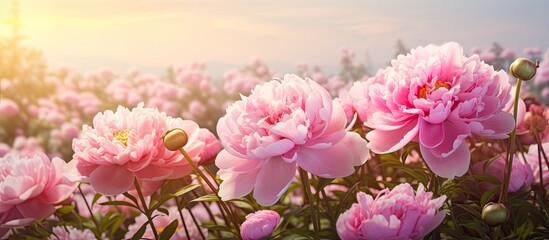 Fresh pink peonies in bloom with rain kissed pastel petals blend beautifully with the garden s blooming peonies background Copy space image provides room for appreciation