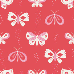Nature seamless pattern with butterflies and moths on red background