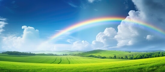 Obraz premium A picturesque countryside scene with a rainbow stretching across a rural field meadow The image depicts an agricultural landscape evoking a sense of the weather forecast concept Copy space image 156