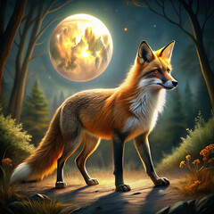 With calculated precision, a fox stalks through the shadows of a moonlit glade, its golden fur shimmering as it moves with silent determination
