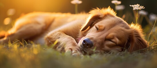 A peaceful orange street dog rests in a meadow with a relaxed posture and a tired expression extending its leg for comfort The serene setting around the dog enhances its tranquil slumber The image sh