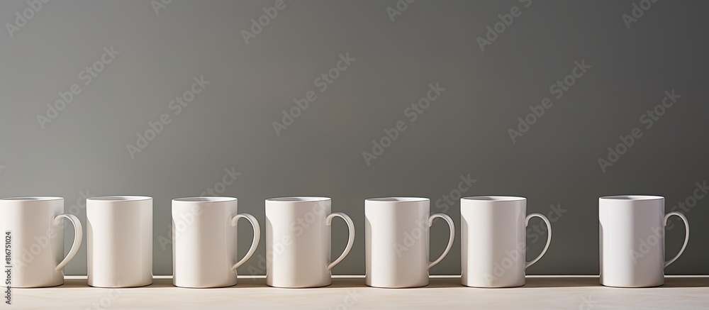 Poster copy space image of white ceramic mugs displayed on a gray background complemented by subtle shadows