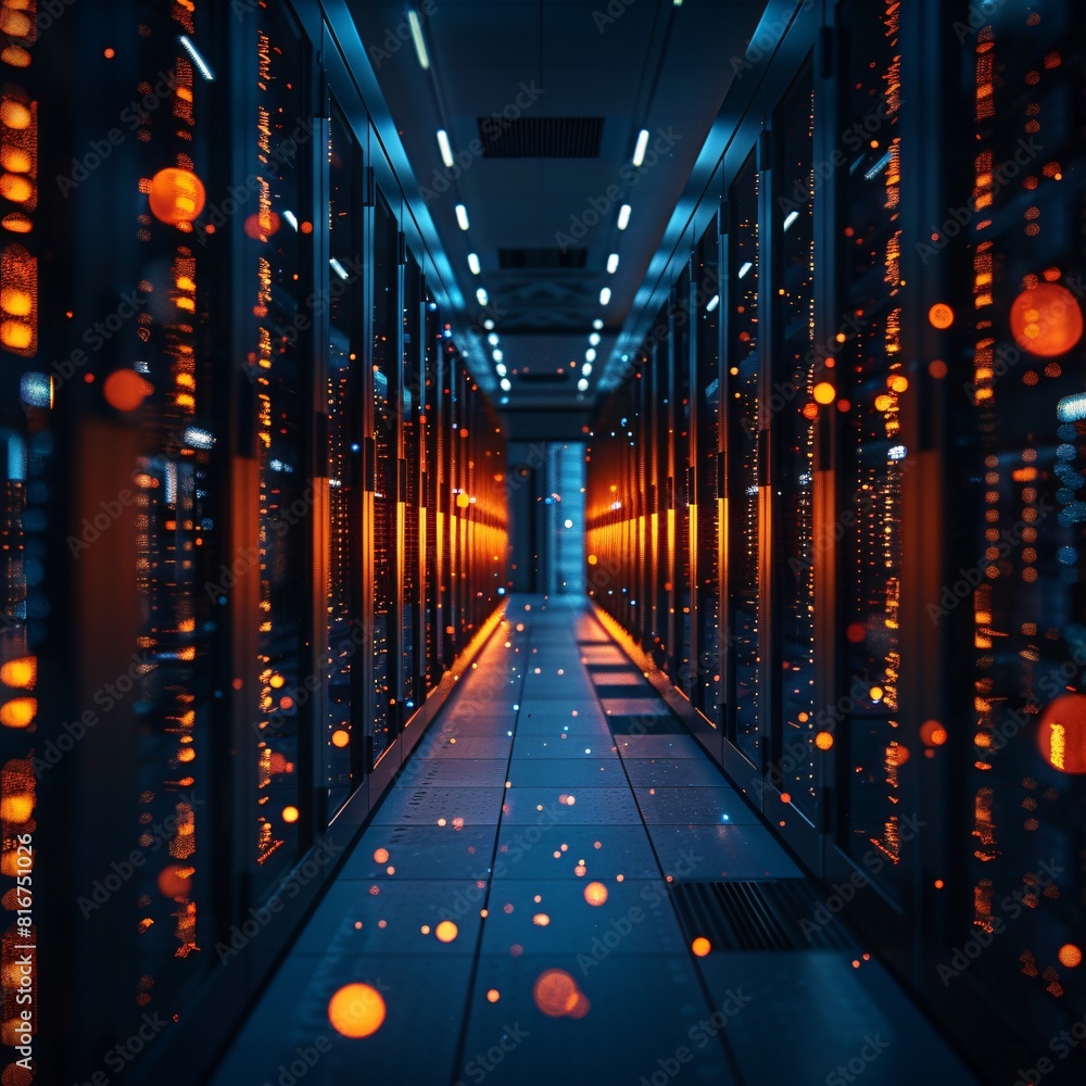 Poster a high-tech data center, with rows of glowing servers and scalable it solutions.