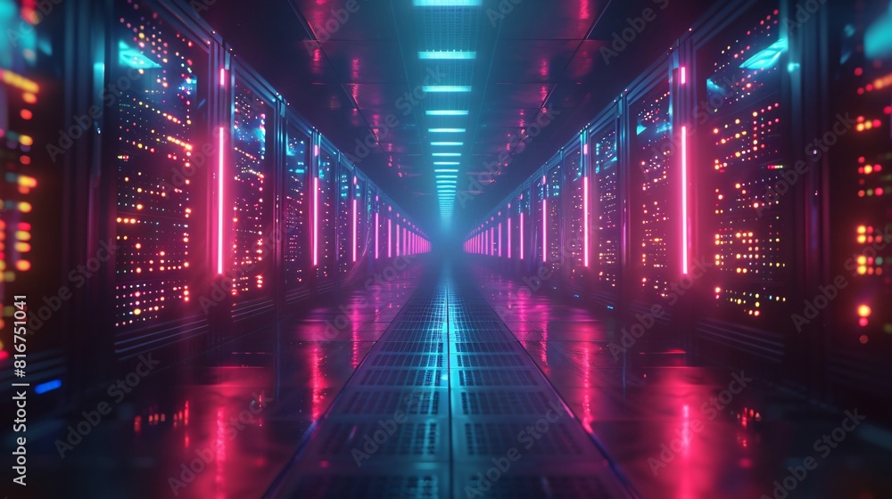 Poster a high-tech data center, with rows of glowing servers and seamless network integration.