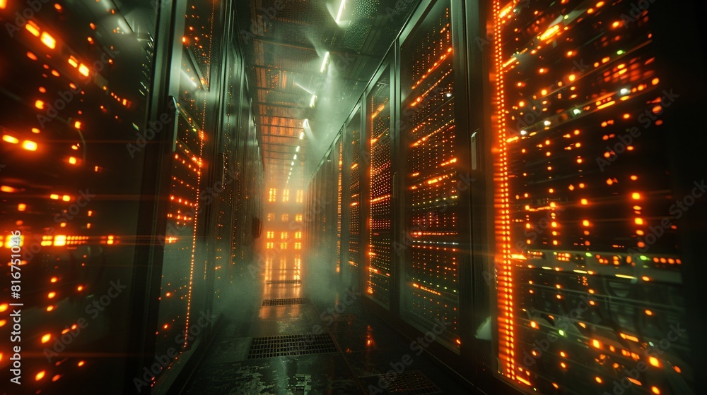 Poster a high-tech data center, with rows of glowing servers and smart data optimization.