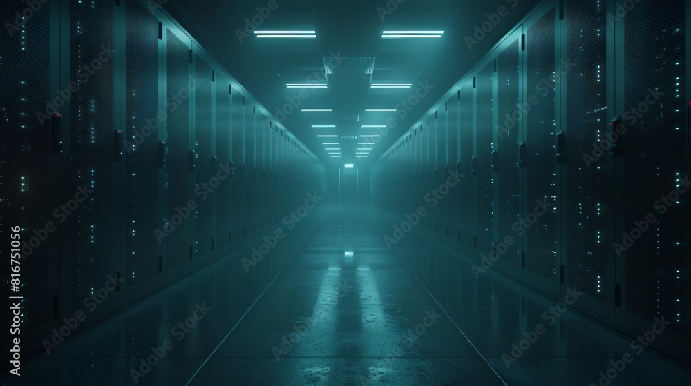 Poster a high-tech data center, with rows of glowing servers and strategic data positioning.