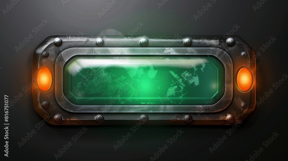Poster this is a graphic design of a medieval ui game orange button with a metal frame sprite for animation