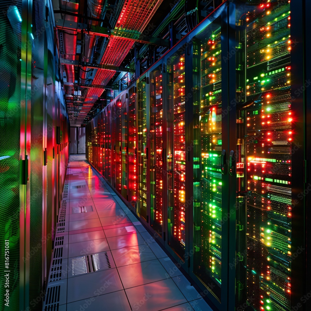 Poster a high-tech data center, with rows of glowing servers for comprehensive backup solutions.