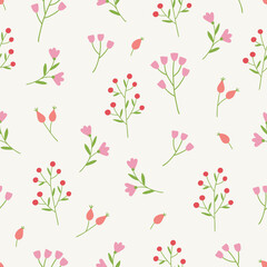 Floral seamless pattern with berries, flowers and briar. Vector illustration