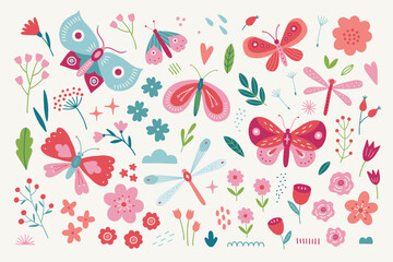 Summer collection - butterflies, flowers, dragonfly, leaves, hearts, roses, tulips, briar