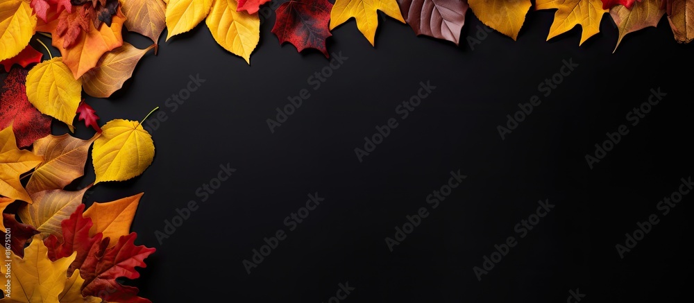 Poster autumn leaves arranged in a border frame on a black background providing ample copy space for creati