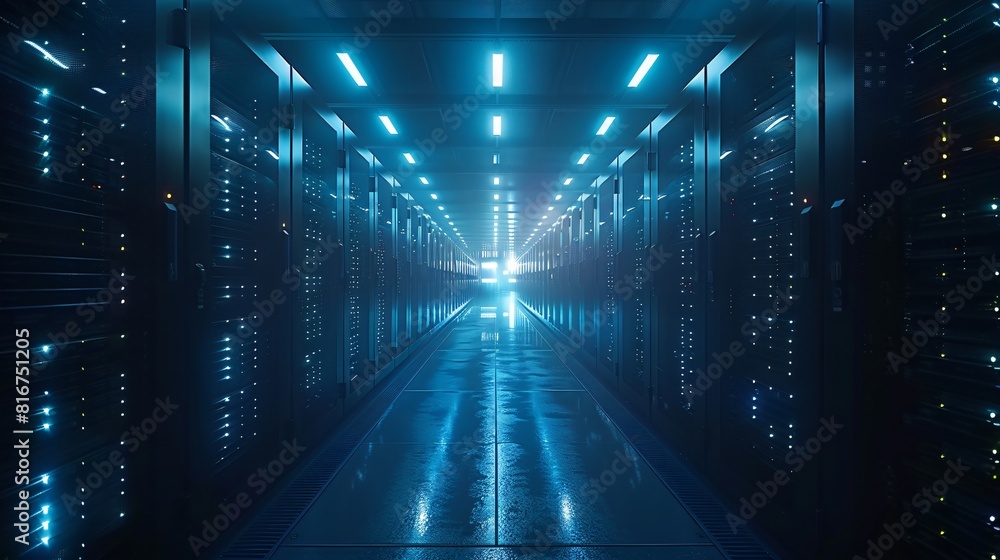 Aufkleber a high-tech data center, with rows of glowing servers for state-of-the-art network management.
