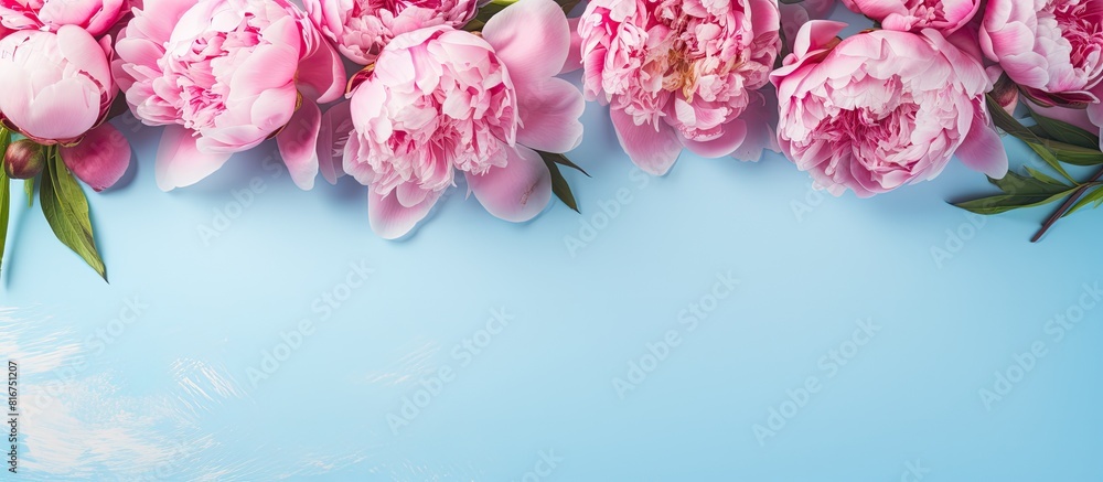 Poster a flat lay of pink peonies on a light blue background with an empty space for your text in the image