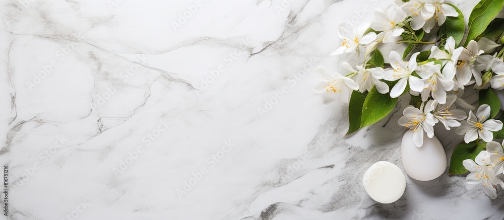 Poster a flat lay composition featuring jasmine flowers a set of spa essentials and a white marble table am