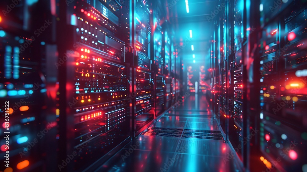 Poster a high-tech data center, with rows of glowing servers for top-tier data processing.