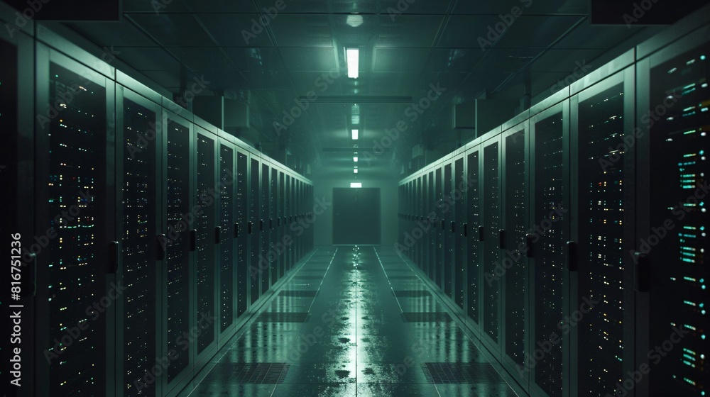 Poster a high-tech data center, with rows of glowing servers for robust network and data infrastructure.