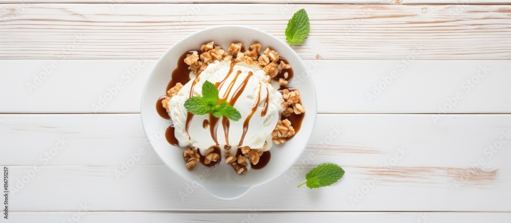 Poster flat lay copy space image featuring a delectable bowl of ice cream adorned with caramel sauce fresh 