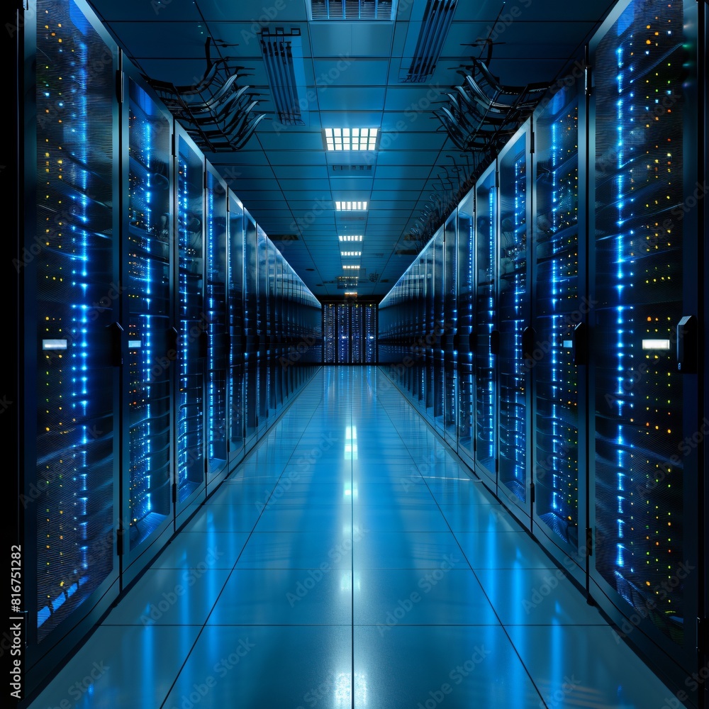 Aufkleber a high-tech data center, with rows of glowing servers providing critical data backup.