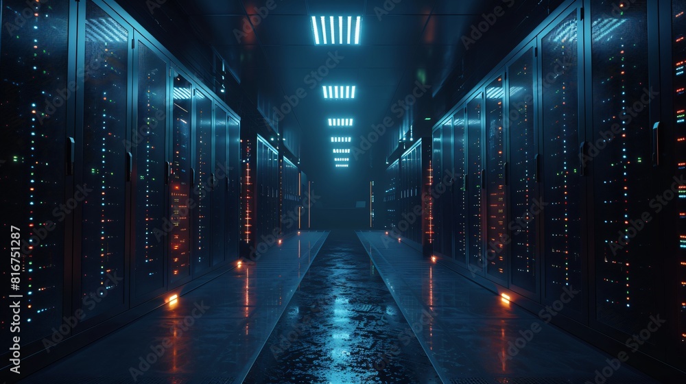 Poster a high-tech data center, with rows of glowing servers that enhance network reliability.