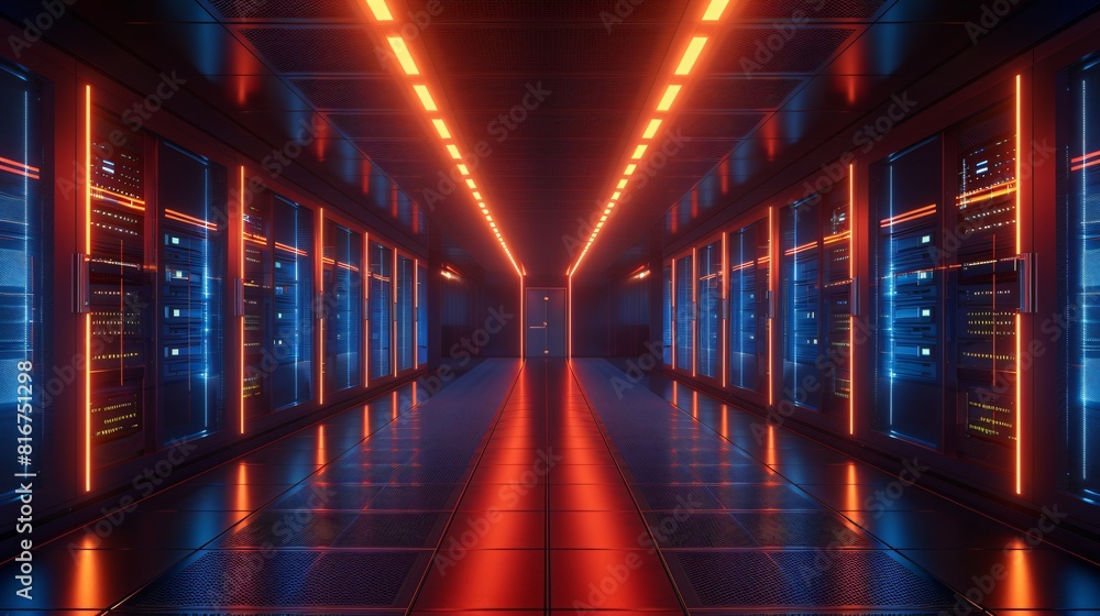 Poster a high-tech data center, with rows of glowing servers that advance data center operations.