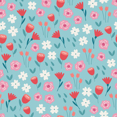 Floral seamless pattern with tulips, roses and small blooming flowers