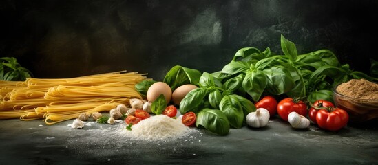 Ingredients for uncooked tagliatelle pasta include ground spinach powder and whole wheat flour as depicted in this copy space image
