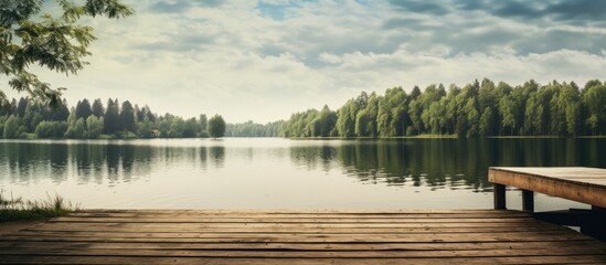 An idyllic rural scene showcasing a picturesque forest river lake with a wooden pier glistening...