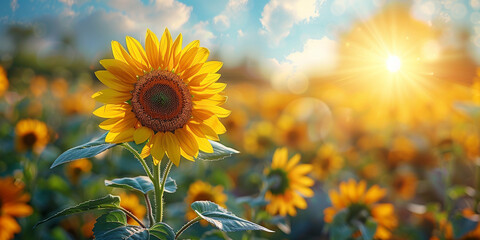 Sunflower on blurred sunny nature background. Horizontal agriculture summer banner with sunflowers field