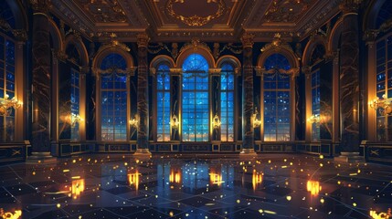 An interior design of a dark ballroom with large windows, many stars in the late night sky, sophisticated floor, marble columns, and golden chandeliers. An illustration of an interior design for a