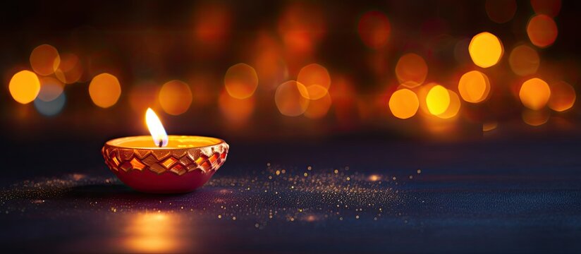 A Diwali lamp is illuminated on a dark background accompanied by blurred lights and available space for text. Copyspace image