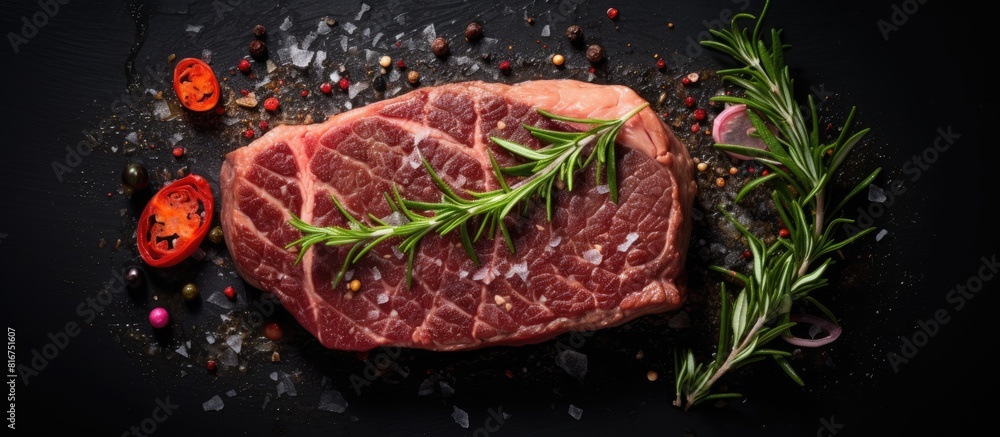 Poster the raw rump steak has been prepared for cooking it is displayed on a black background seen from a t