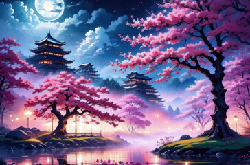 Obraz premium Japanese-style landscape with sakura. ai 