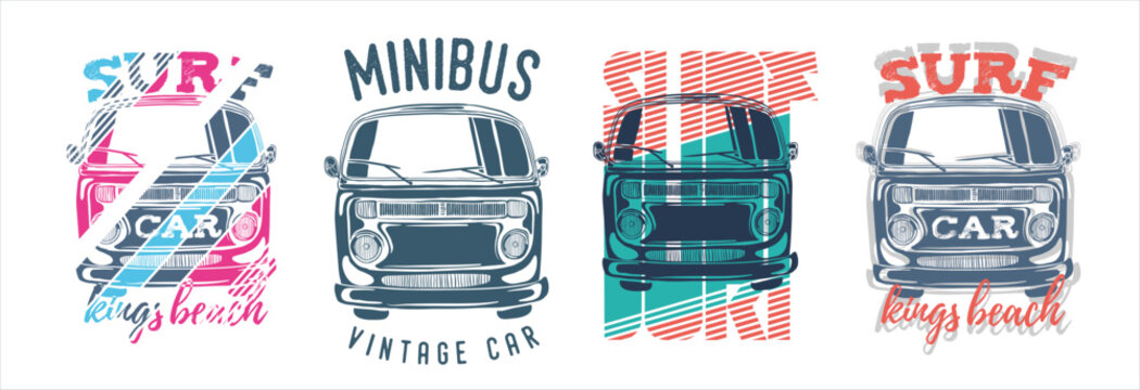 Van Surf California typography, summer vibes hand draw t-shirt graphics for t-shirt print with surf, beach and retro bus. Vintage car poster vector Illustration
