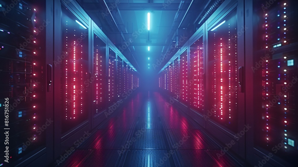 Poster abstract futuristic technology background. rows of glowing red and blue server racks with bright lig