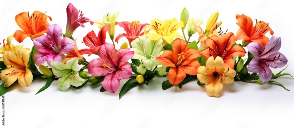 Poster alstroemeria flowers arranged along the border with a white background and ample copy space for imag