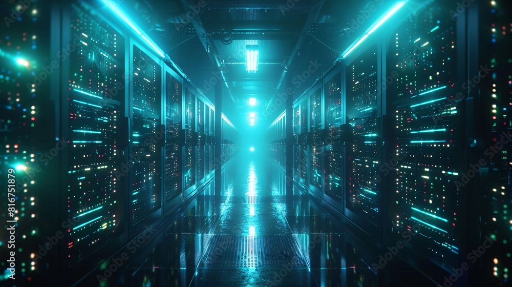 Poster abstract futuristic technology background. server room supercomputer. rows of rack servers with brig