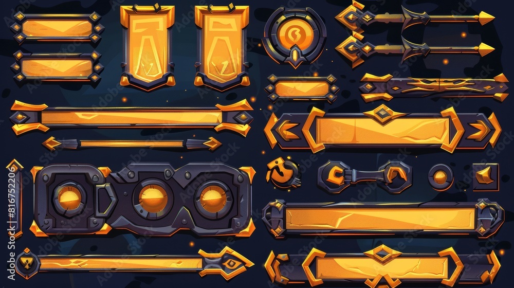 Poster this game ui elements set includes buttons, banners, progress bars, arrows, and sliders with fantasy