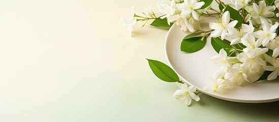 A composition featuring a plate and lovely jasmine flowers on a light background with copy space...