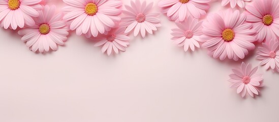 A frame background in pastel pink featuring daisy flowers and leaves in a flat lay arrangement Perfect for spring or summer social media mockups with available copy space