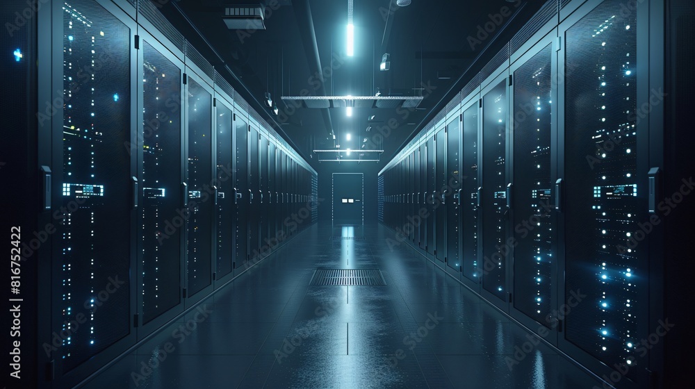 Poster a dark and mysterious data center with rows of servers and a bright light at the end of the tunnel.