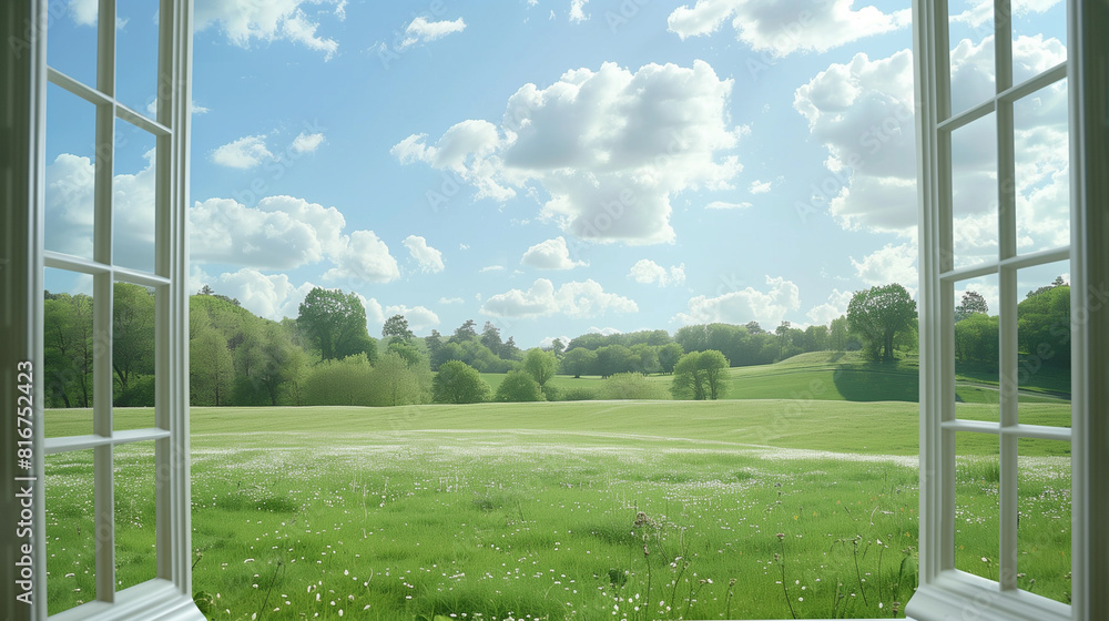 Poster A window view of a field with a blue sky and clouds