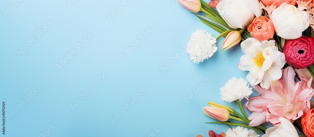 Aufkleber a copy space image features a frame of artificial flowers against a blue background perfect for addi