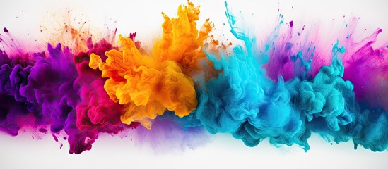 An explosive burst of colorful powder creates an abstract splatter pattern on a pristine white background resulting in a stunning and vibrant image with plenty of copy space