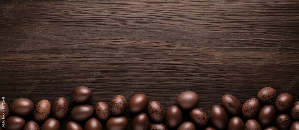 Poster top view of chocolate easter eggs on a dark wooden background with ample space for additional images