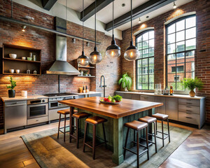 Urban loft kitchen featuring exposed brick walls, industrial-style pendant lights, and reclaimed wood accents
