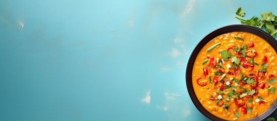 A vegan healthy traditional dish from Turkish or Arabic cuisine It shows a bowl of soup made with red lentils vegetables and is placed on a blue background The image contains copy space