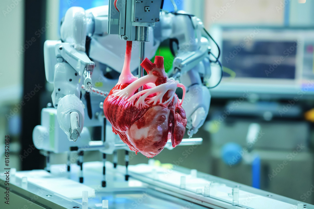 Poster precision robot arms assembling a 3d-printed synthetic human heart in a laboratory setting