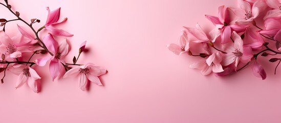 A delicate flower frame with pink petals on a pink background offers ample copy space for your images - Powered by Adobe